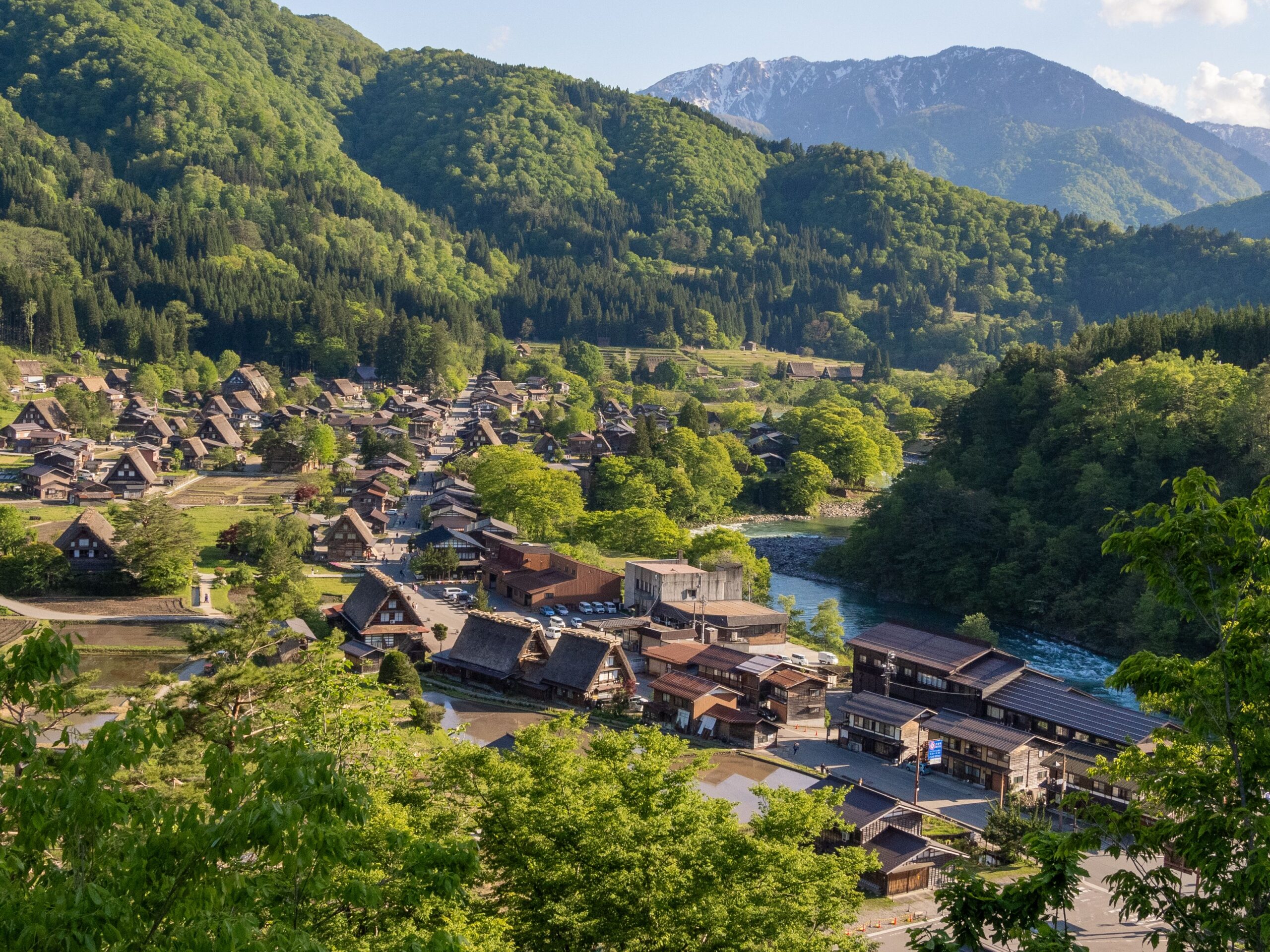 Explore the picturesque landscape of Shirakawa-go, a UNESCO World Heritage site in Japan, with traditional thatched-roof houses.